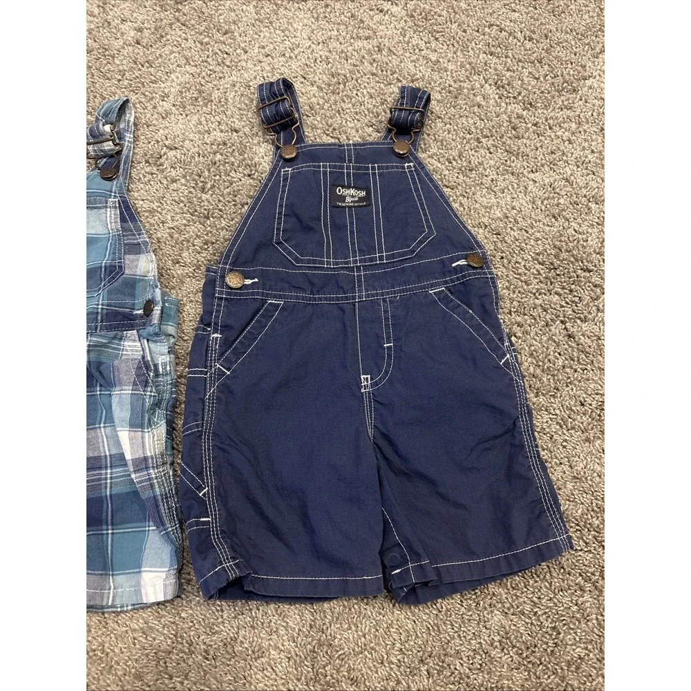 2 Lot Toddler Boys Oshkosh Vestbak Plaid Adjustable Overalls Shorts Size 18M